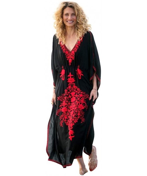 Cover-Ups Women's White Ethnic Print Kaftan Maxi Dress Summer Beach Dress - Black-5 - CD18XXTATUG