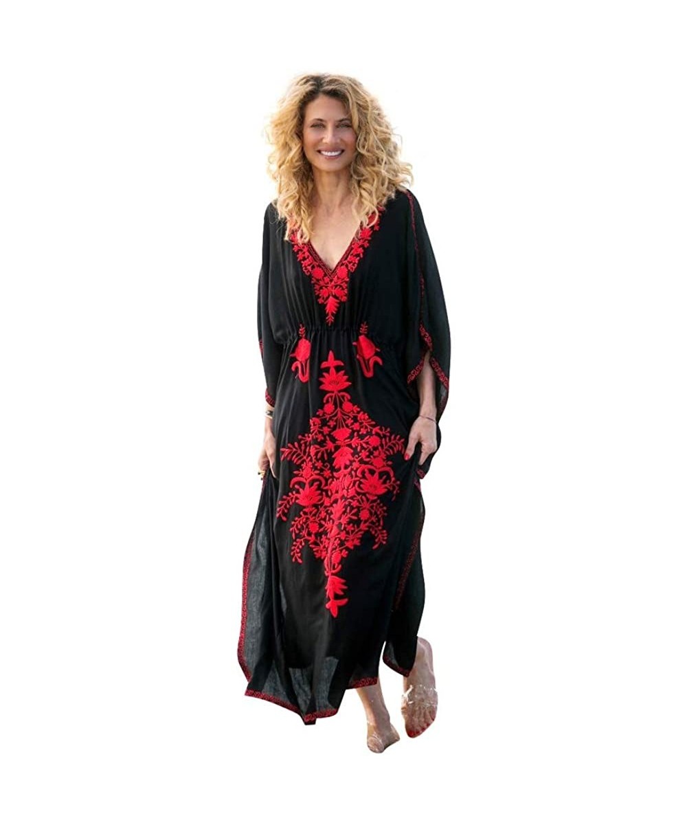 Cover-Ups Women's White Ethnic Print Kaftan Maxi Dress Summer Beach Dress - Black-5 - CD18XXTATUG