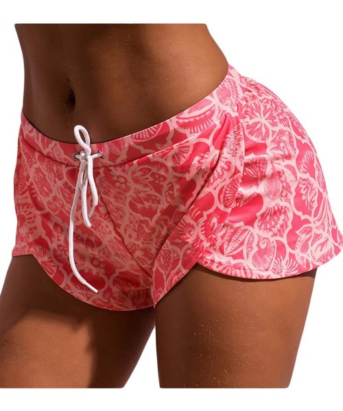 Board Shorts Women Beach Board Shorts Floral Print Quick Dry Swimsuit Bottom Drawstring Summer Swim Shorts - Pink - C618NQ86A2C