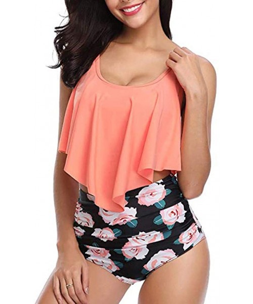 Racing Women's Swimsuits High Waisted Bikini Two Piece Tankini Ruffled Floral Print Bathing Suits - Orange - CN18TXZ73NX