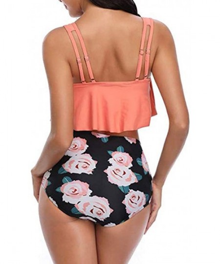 Racing Women's Swimsuits High Waisted Bikini Two Piece Tankini Ruffled Floral Print Bathing Suits - Orange - CN18TXZ73NX