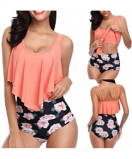 Racing Women's Swimsuits High Waisted Bikini Two Piece Tankini Ruffled Floral Print Bathing Suits - Orange - CN18TXZ73NX