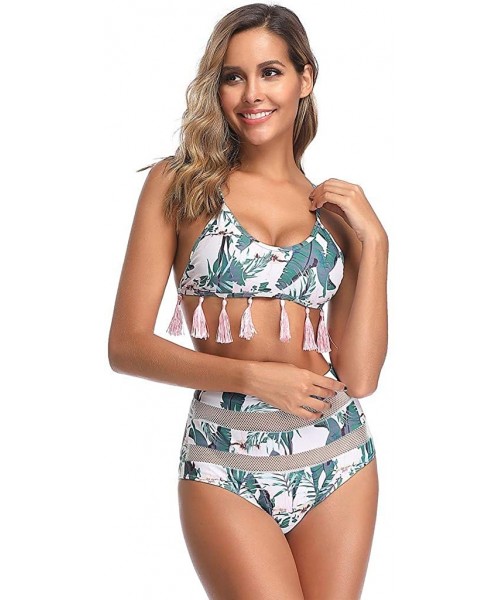 Sets Women Two-Piece Swimsuit Stripe Flower Tassel Mesh Bandage Bikini Set Beachwear - Green - CH18TZUCRT9