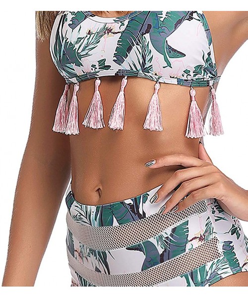 Sets Women Two-Piece Swimsuit Stripe Flower Tassel Mesh Bandage Bikini Set Beachwear - Green - CH18TZUCRT9