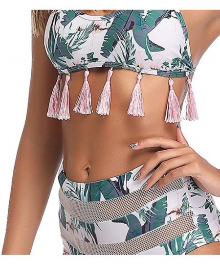 Sets Women Two-Piece Swimsuit Stripe Flower Tassel Mesh Bandage Bikini Set Beachwear - Green - CH18TZUCRT9