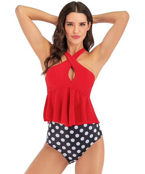 Sets Women's High Waisted Criss Cross Front Bikini Set Two Pieces Ruffle Flounce Swimsuit - Red - CJ1940CAGL5