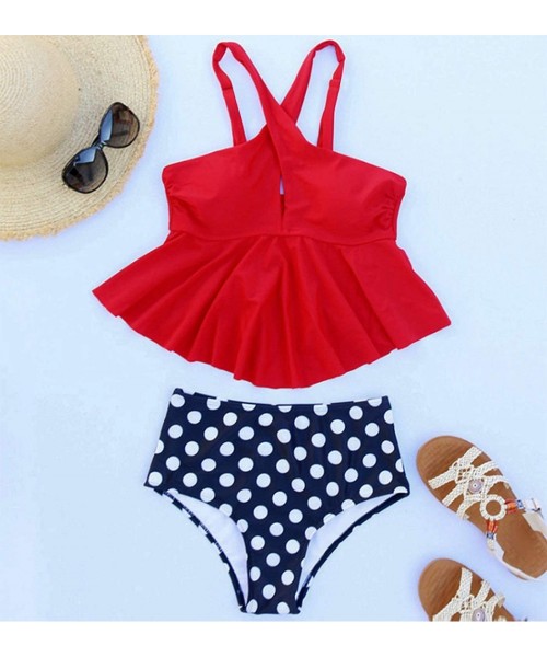 Sets Women's High Waisted Criss Cross Front Bikini Set Two Pieces Ruffle Flounce Swimsuit - Red - CJ1940CAGL5