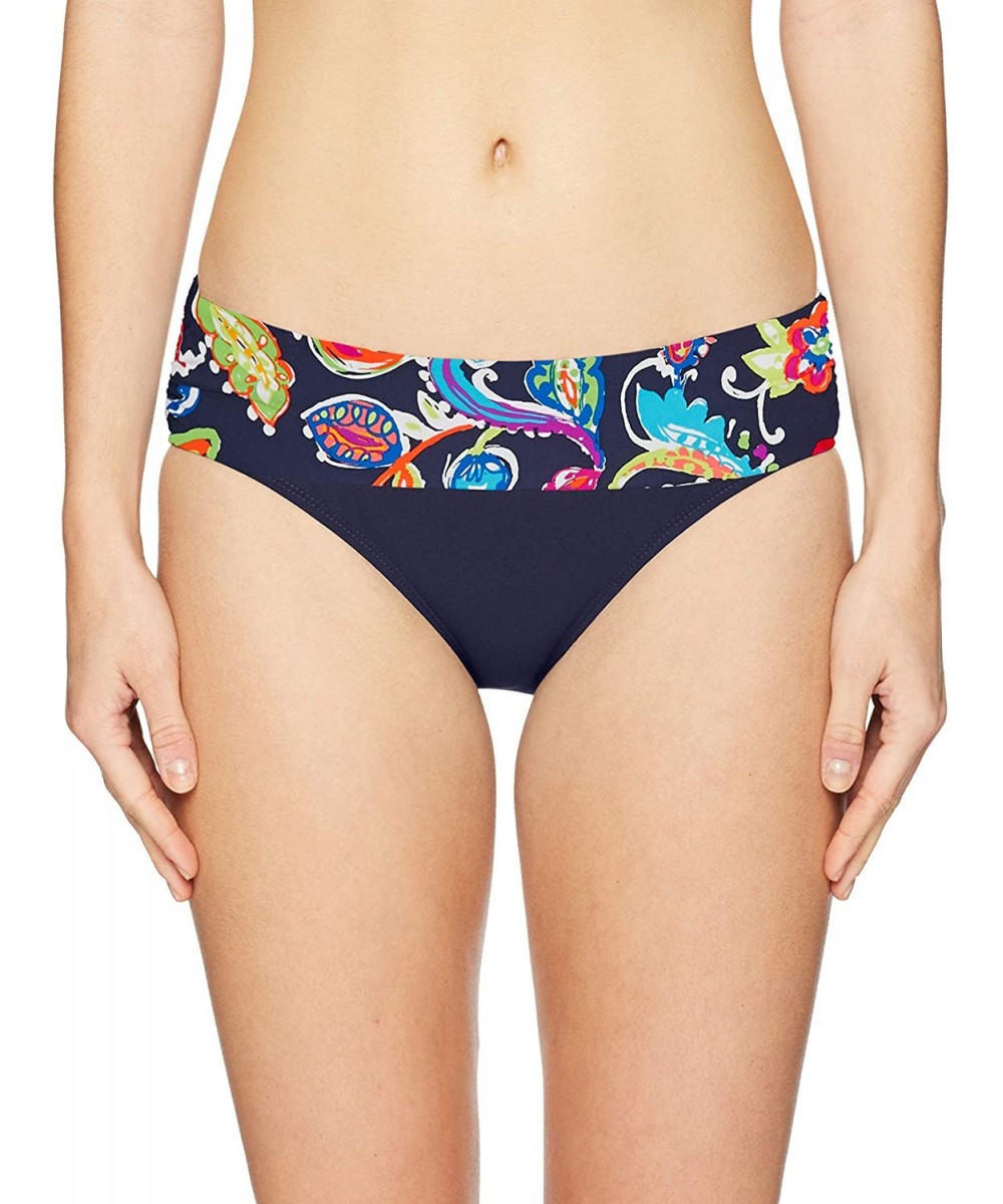 Tankinis Women's Fold Over Mid-Rise Bikini Bottom Swimsuit - Paisley Pom Navy - CQ18K2YRA7C