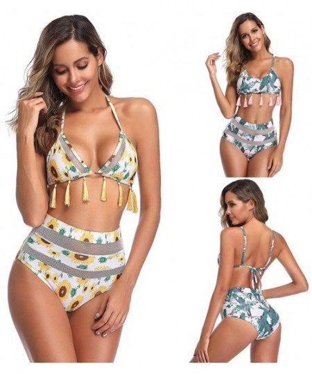 Sets Women Two-Piece Swimsuit Stripe Flower Tassel Mesh Bandage Bikini Set Beachwear - Green - CH18TZUCRT9