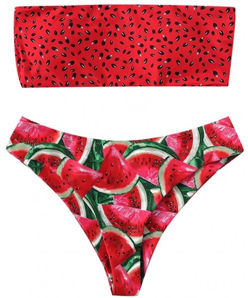 Sets Womens Sexy Bandeau Bikini Set Watermelon Printed Swimwear Push Up Pad Bathing Suit Beachwear Swimsuit Red Watermelon - ...