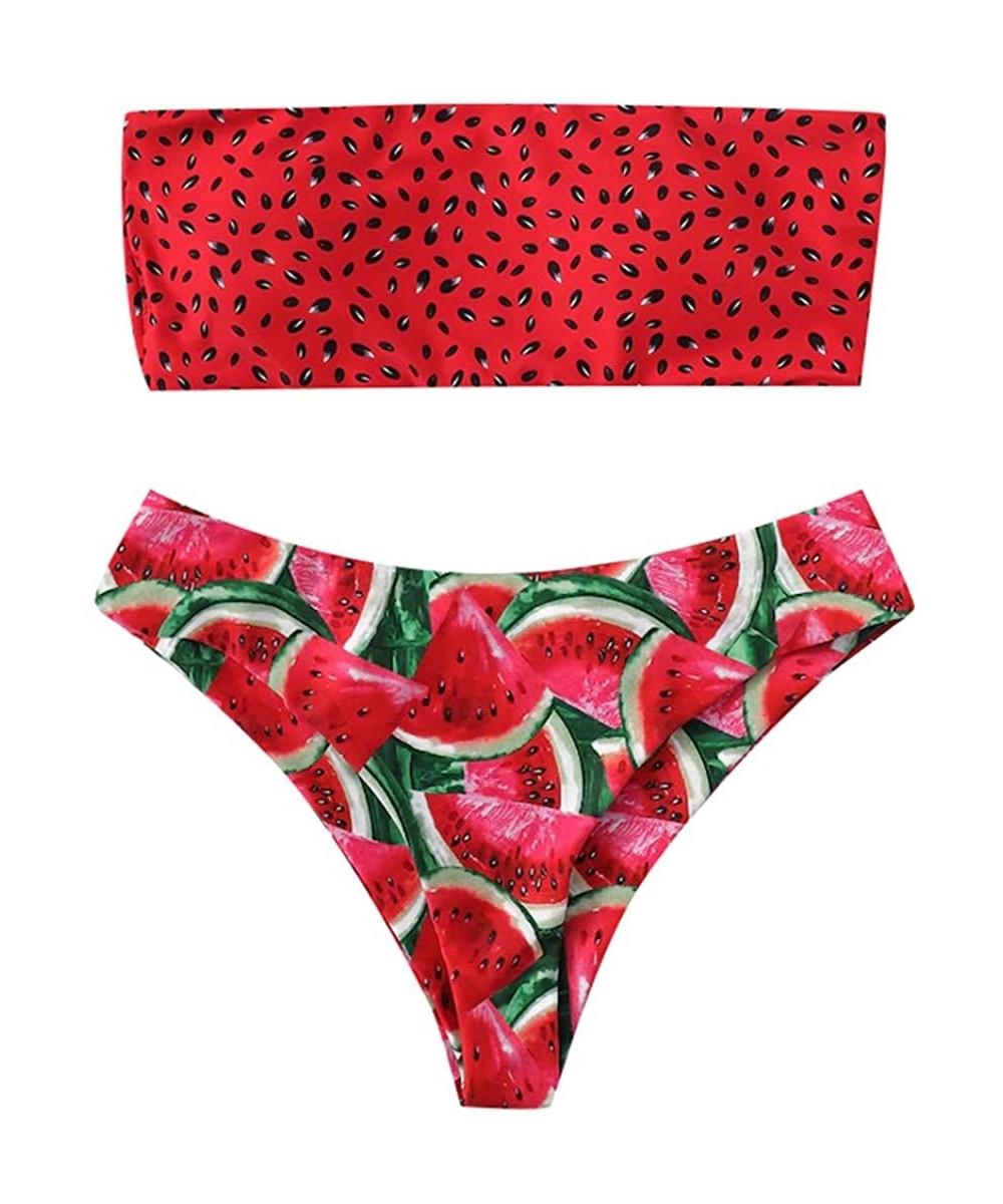 Sets Womens Sexy Bandeau Bikini Set Watermelon Printed Swimwear Push Up Pad Bathing Suit Beachwear Swimsuit Red Watermelon - ...