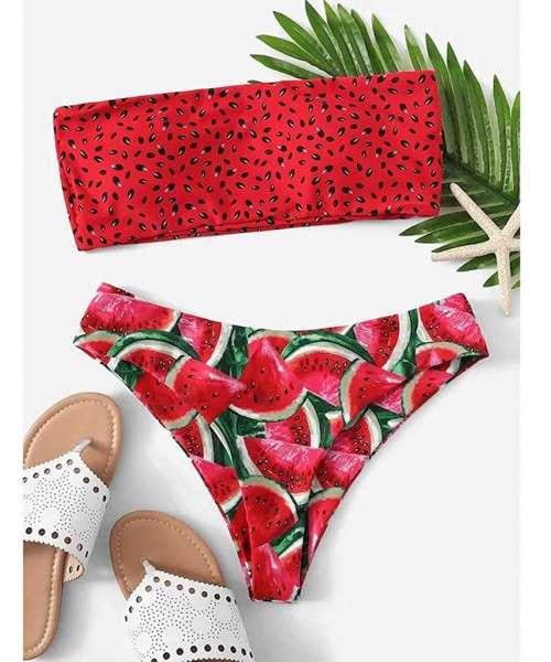 Sets Womens Sexy Bandeau Bikini Set Watermelon Printed Swimwear Push Up Pad Bathing Suit Beachwear Swimsuit Red Watermelon - ...