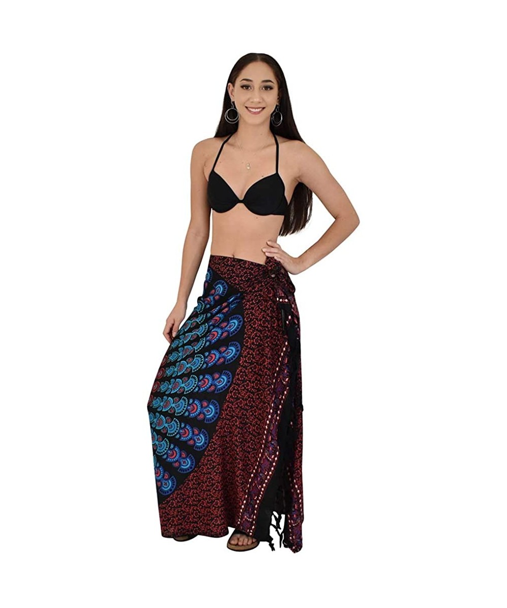 Cover-Ups Sarongs Mandala Round Womens Beach Swimsuit Coverup Bikini Wrap + Coconut Clip - Blk Red Blue - C718Y3OOE4T