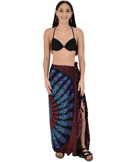 Cover-Ups Sarongs Mandala Round Womens Beach Swimsuit Coverup Bikini Wrap + Coconut Clip - Blk Red Blue - C718Y3OOE4T