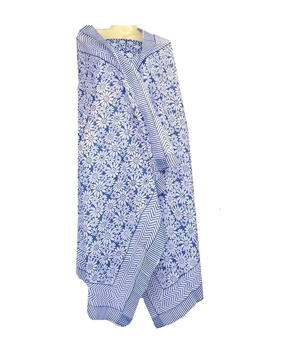 Cover-Ups 100% Cotton Hand Block Print Sarong Womens Swimsuit Wrap Cover Up Long (73" x 44") - Blue 7 - CB189MZ95E8