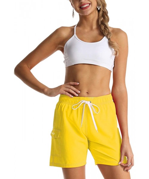 Racing Women's Swim Trunks Quick Dry Solid Summer Beach Shorts Mesh Lining - Yellow - C919CH3QZYE