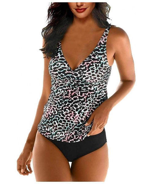 Tankinis Women Leopard Print Tankini Swimsuits V Neck Tummy Control Swimwear Tank Top Swimsuit Two Piece Bathing Suit - Multi...