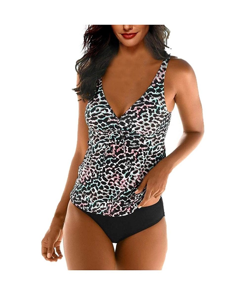 Tankinis Women Leopard Print Tankini Swimsuits V Neck Tummy Control Swimwear Tank Top Swimsuit Two Piece Bathing Suit - Multi...