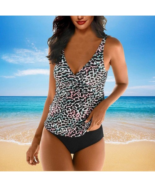 Tankinis Women Leopard Print Tankini Swimsuits V Neck Tummy Control Swimwear Tank Top Swimsuit Two Piece Bathing Suit - Multi...