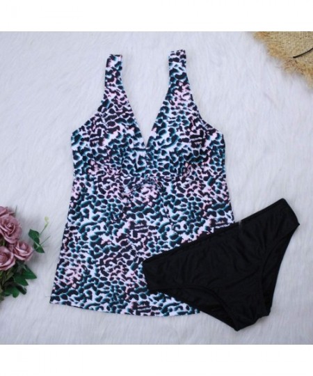 Tankinis Women Leopard Print Tankini Swimsuits V Neck Tummy Control Swimwear Tank Top Swimsuit Two Piece Bathing Suit - Multi...