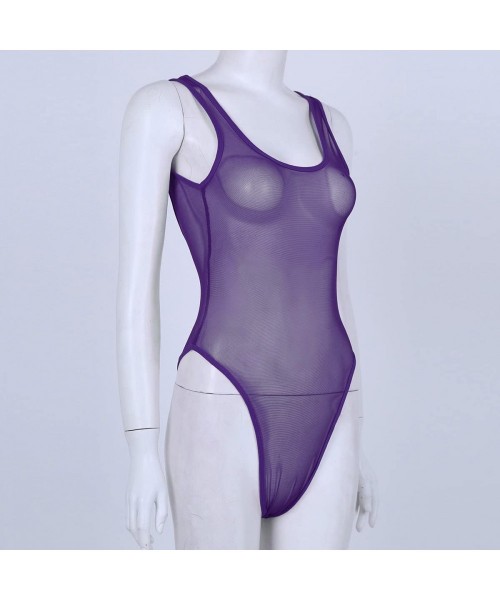 One-Pieces Women One Piece High Cut Swimsuit Mesh Leotard Bodysuit Swimsuit Bathing Suit - Dark Purple - CW18638YEAR