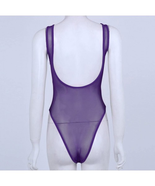 One-Pieces Women One Piece High Cut Swimsuit Mesh Leotard Bodysuit Swimsuit Bathing Suit - Dark Purple - CW18638YEAR