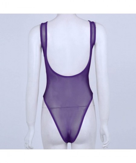 One-Pieces Women One Piece High Cut Swimsuit Mesh Leotard Bodysuit Swimsuit Bathing Suit - Dark Purple - CW18638YEAR