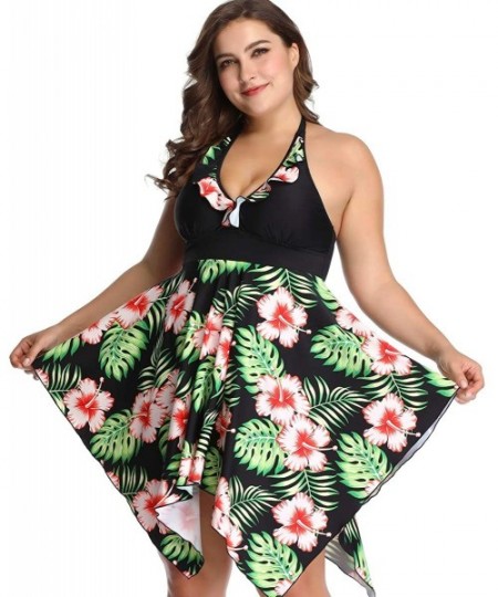 Sets Women's Plus Size Swimwear Floral Printed Swimsuit Halter Swimdress Tankini Two Pieces 2XL-6XL Bathing Suit - Black Gree...