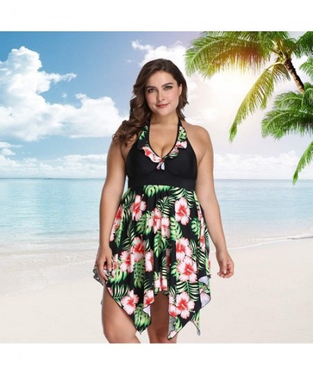 Sets Women's Plus Size Swimwear Floral Printed Swimsuit Halter Swimdress Tankini Two Pieces 2XL-6XL Bathing Suit - Black Gree...