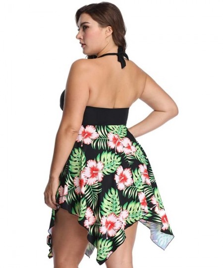 Sets Women's Plus Size Swimwear Floral Printed Swimsuit Halter Swimdress Tankini Two Pieces 2XL-6XL Bathing Suit - Black Gree...