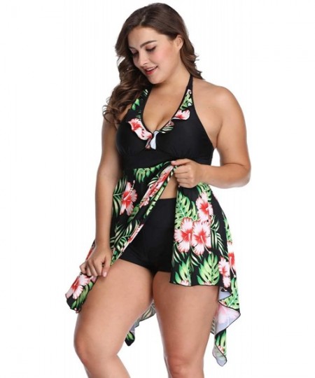 Sets Women's Plus Size Swimwear Floral Printed Swimsuit Halter Swimdress Tankini Two Pieces 2XL-6XL Bathing Suit - Black Gree...