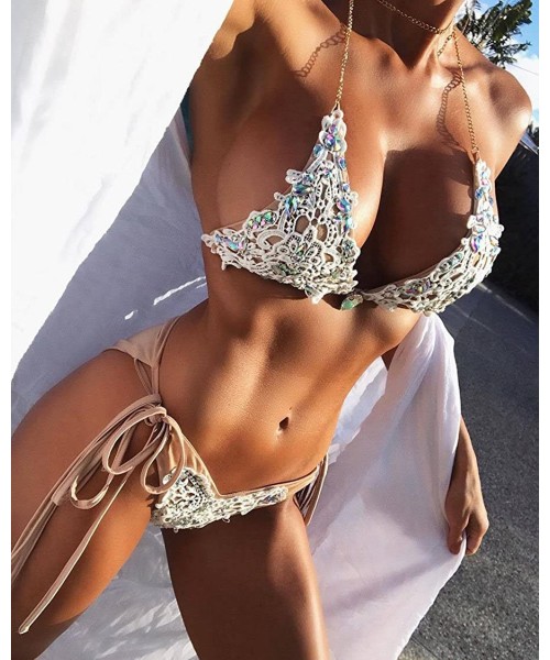 Sets Women Bandage Push-Up Padded Swimsuit Handmade Rhinestone Bikinis 2 Piece Set - CG18E8RRIA6