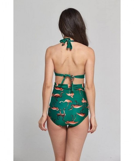 Sets Women's Vintage Bikini High Rise Ruffle Folded Green Flamingo Set - Green Flamingo High Rise Vintage Set - C812NZ36S7E