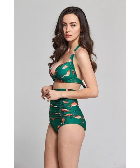 Sets Women's Vintage Bikini High Rise Ruffle Folded Green Flamingo Set - Green Flamingo High Rise Vintage Set - C812NZ36S7E