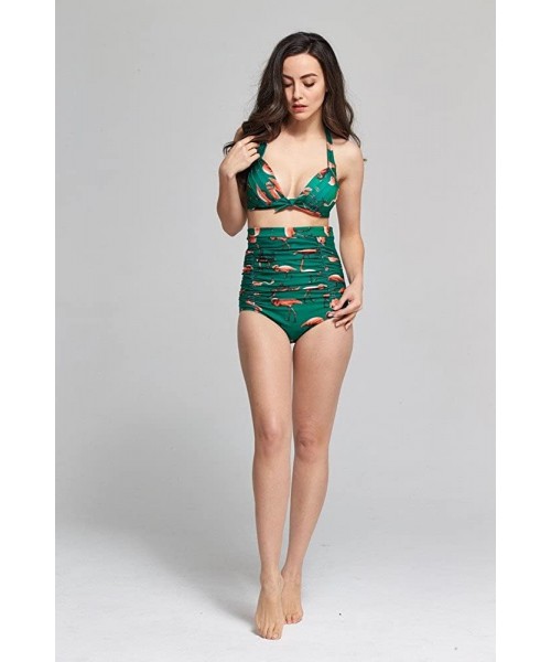 Sets Women's Vintage Bikini High Rise Ruffle Folded Green Flamingo Set - Green Flamingo High Rise Vintage Set - C812NZ36S7E