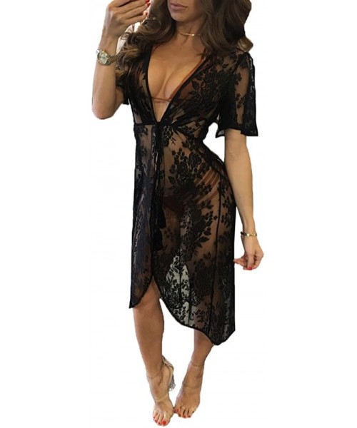 Cover-Ups Womens Lace Beach Cover Up Dress - Long Floral Sheer Bathing Suit Cover Ups Bikini Swimsuit Drawstring Swimwear Cov...