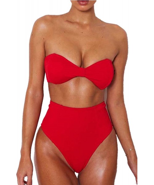 Sets High Waist Swimsuits for Women Bow Knot Ribbed Bandeau Bikini Set Two Piece Bathing Suit - Red - CZ18E7OUXYU