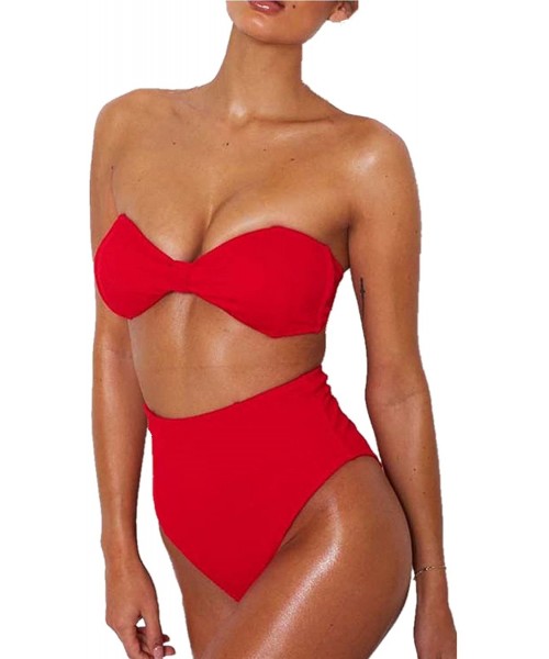 Sets High Waist Swimsuits for Women Bow Knot Ribbed Bandeau Bikini Set Two Piece Bathing Suit - Red - CZ18E7OUXYU