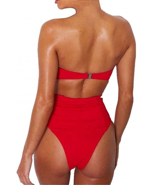 Sets High Waist Swimsuits for Women Bow Knot Ribbed Bandeau Bikini Set Two Piece Bathing Suit - Red - CZ18E7OUXYU