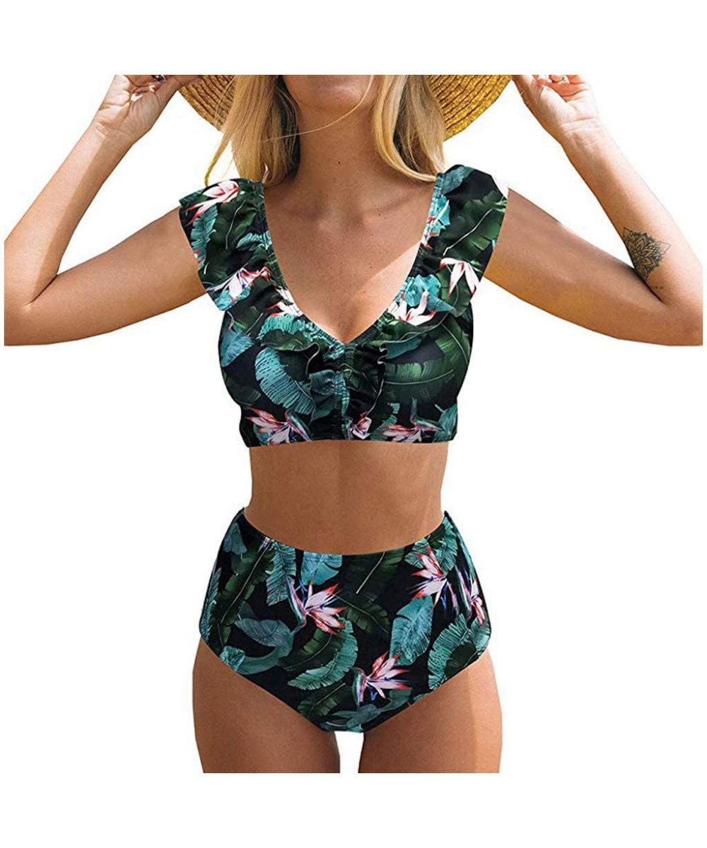 Cover-Ups Women High Waist Bikini Push Up Bikinis Print Swimsuit Female Beachwear Swimwear - Green - CU1962GQSTG