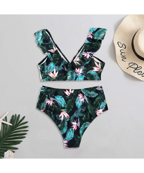 Cover-Ups Women High Waist Bikini Push Up Bikinis Print Swimsuit Female Beachwear Swimwear - Green - CU1962GQSTG