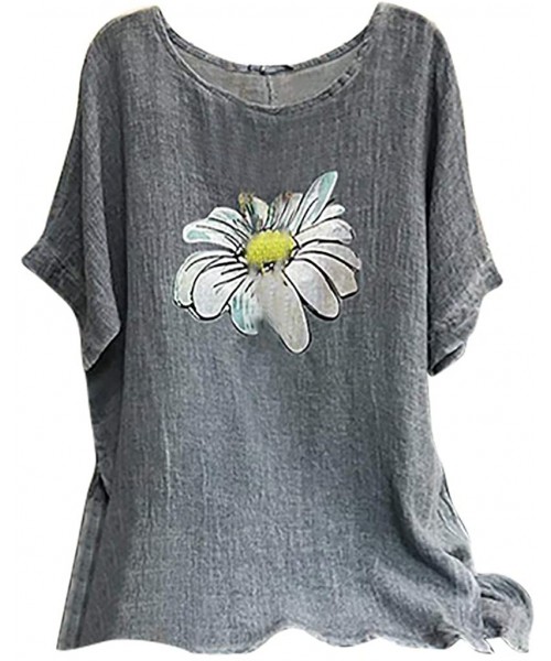 Rash Guards Women's Floral Print Lightweight Cotton Linen O Neck Short Sleeve Loose Blouse-Casual Summer Loose Shirt - A-gray...