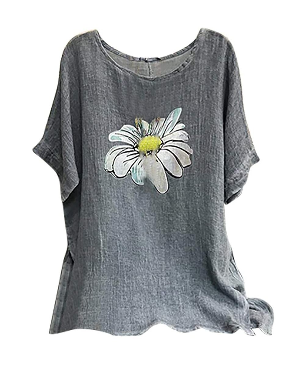 Rash Guards Women's Floral Print Lightweight Cotton Linen O Neck Short Sleeve Loose Blouse-Casual Summer Loose Shirt - A-gray...