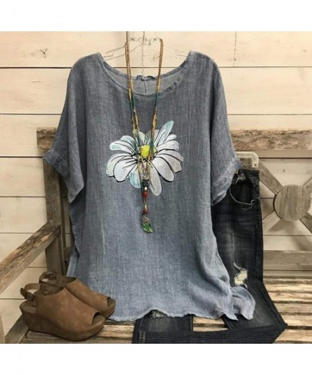 Rash Guards Women's Floral Print Lightweight Cotton Linen O Neck Short Sleeve Loose Blouse-Casual Summer Loose Shirt - A-gray...