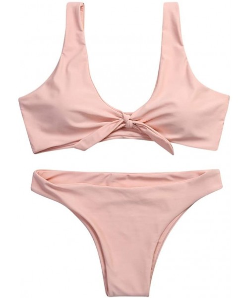 Sets 2019 Style Women Knotted Padded Thong Bikini Mid Waisted Scoop Swimsuit Beach Swimwear 2 Piece New Look - Pink - C3180IX...