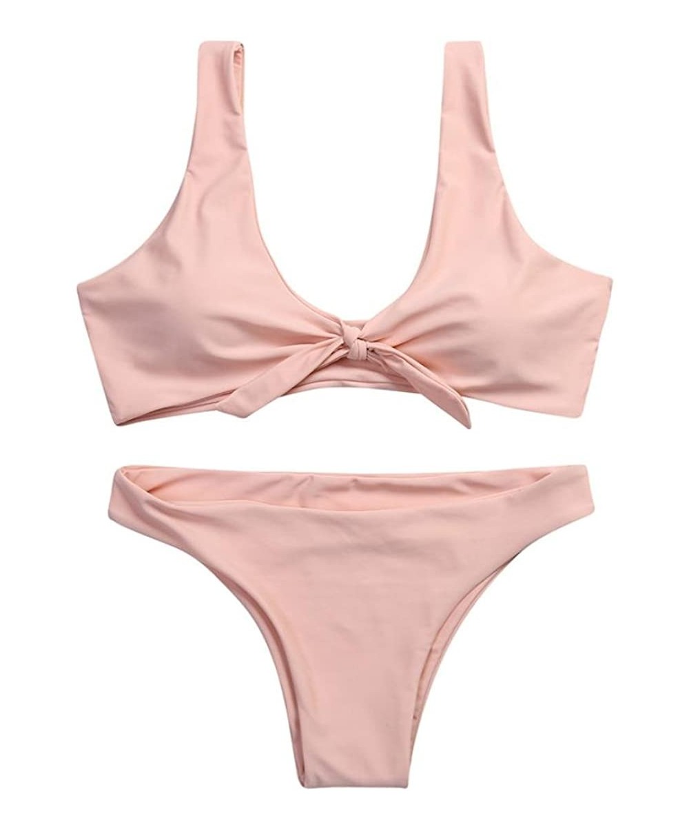 Sets 2019 Style Women Knotted Padded Thong Bikini Mid Waisted Scoop Swimsuit Beach Swimwear 2 Piece New Look - Pink - C3180IX...