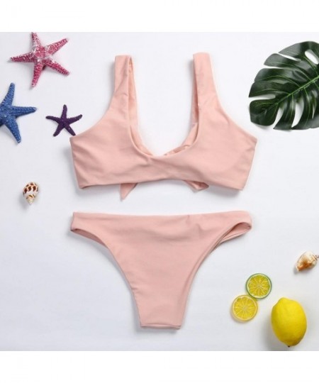 Sets 2019 Style Women Knotted Padded Thong Bikini Mid Waisted Scoop Swimsuit Beach Swimwear 2 Piece New Look - Pink - C3180IX...