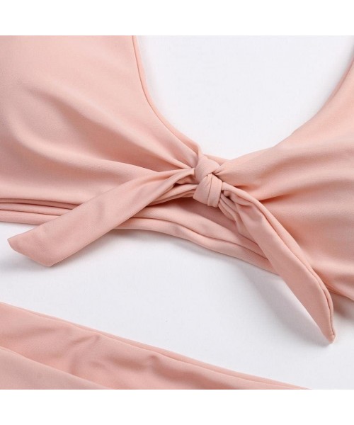 Sets 2019 Style Women Knotted Padded Thong Bikini Mid Waisted Scoop Swimsuit Beach Swimwear 2 Piece New Look - Pink - C3180IX...