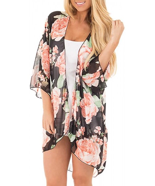 Cover-Ups Summer Cardigans for Women-Womens Floral Chiffon Kimono Cardigan Wrap Beach Cover Up Tops Swimsuit Smock - Pink - C...