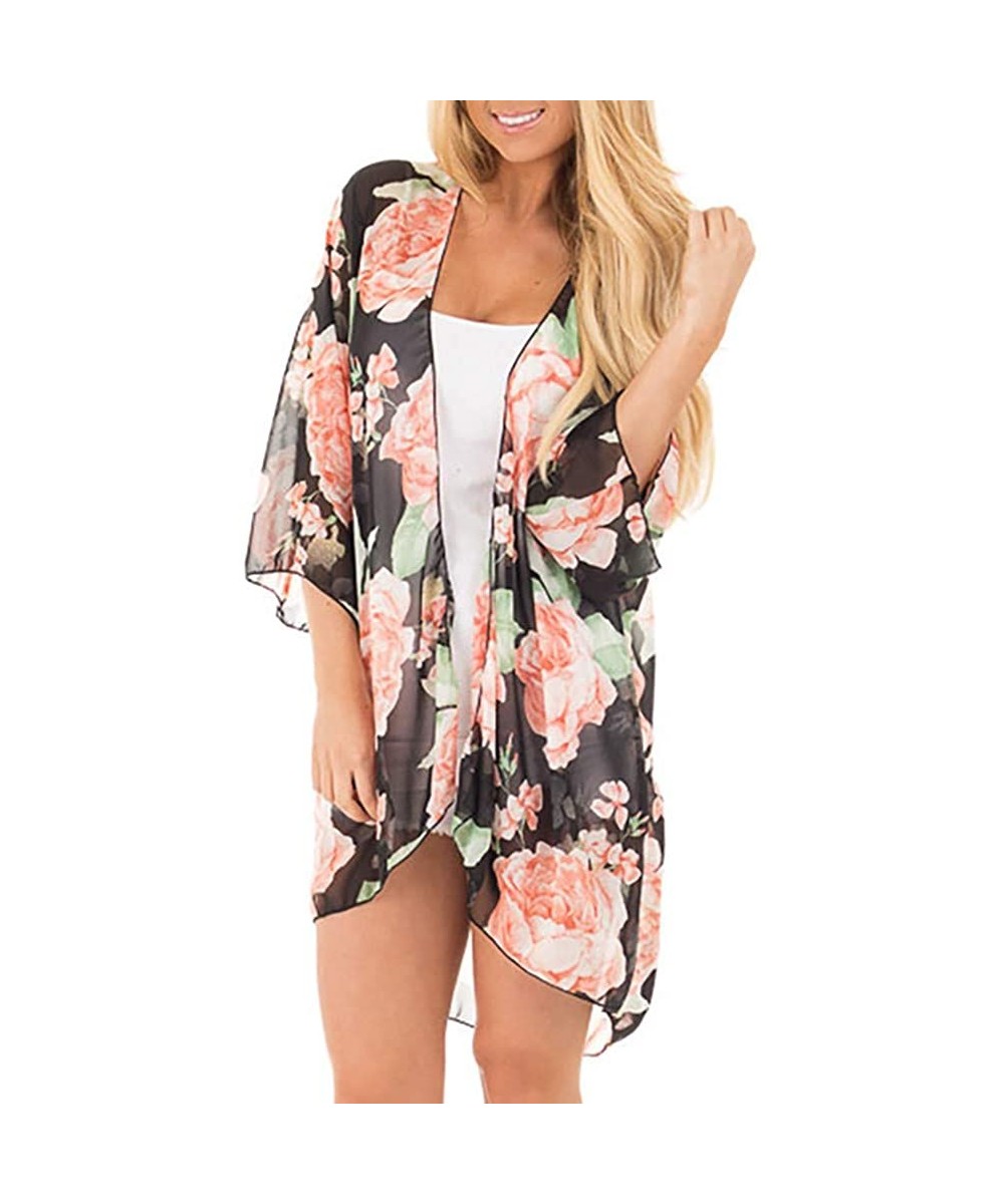 Cover-Ups Summer Cardigans for Women-Womens Floral Chiffon Kimono Cardigan Wrap Beach Cover Up Tops Swimsuit Smock - Pink - C...